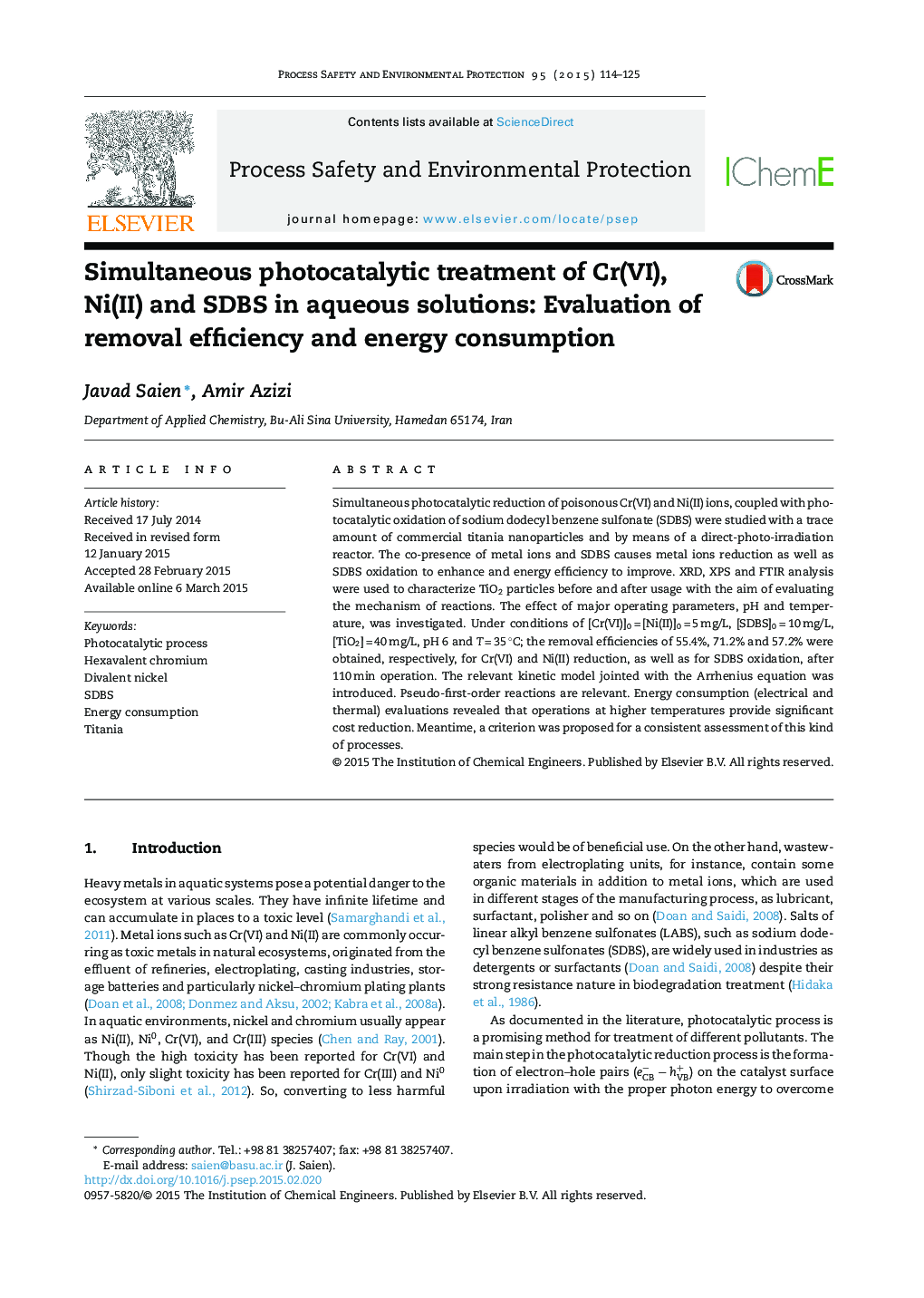 Simultaneous photocatalytic treatment of Cr(VI), Ni(II) and SDBS in aqueous solutions: Evaluation of removal efficiency and energy consumption