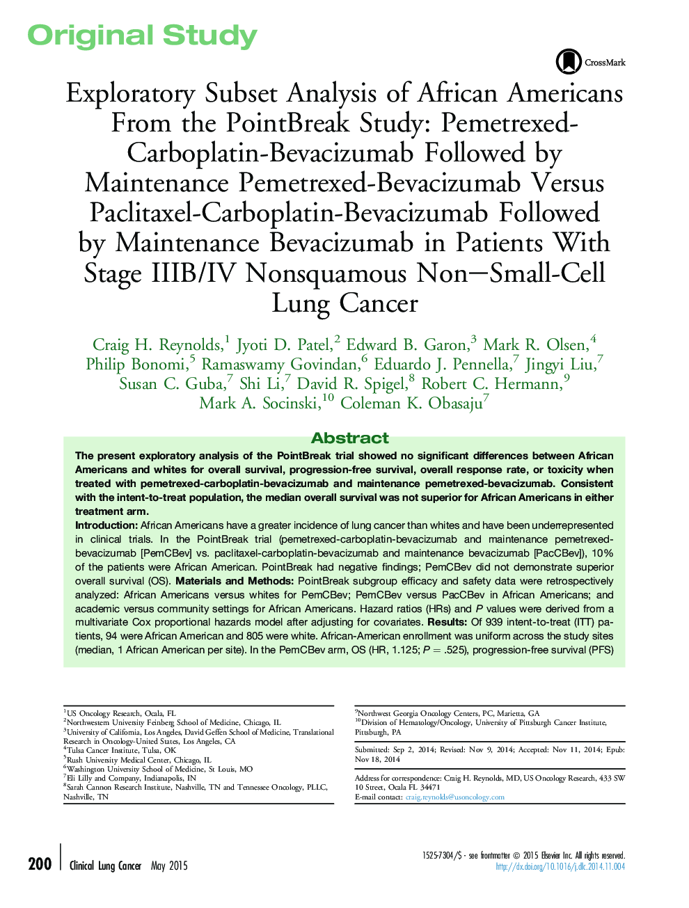 Original StudyExploratory Subset Analysis of African Americans From the PointBreak Study: Pemetrexed-Carboplatin-Bevacizumab Followed by Maintenance Pemetrexed-Bevacizumab Versus Paclitaxel-Carboplatin-Bevacizumab Followed byÂ Maintenance Bevacizumab in P