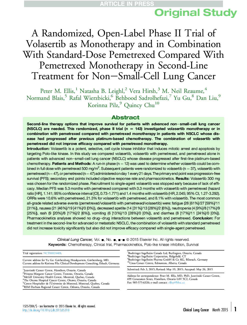 A Randomized, Open-Label Phase II Trial of Volasertib as Monotherapy and in Combination With Standard-Dose Pemetrexed Compared With Pemetrexed Monotherapy in Second-Line Treatment for Non-Small-Cell Lung Cancer