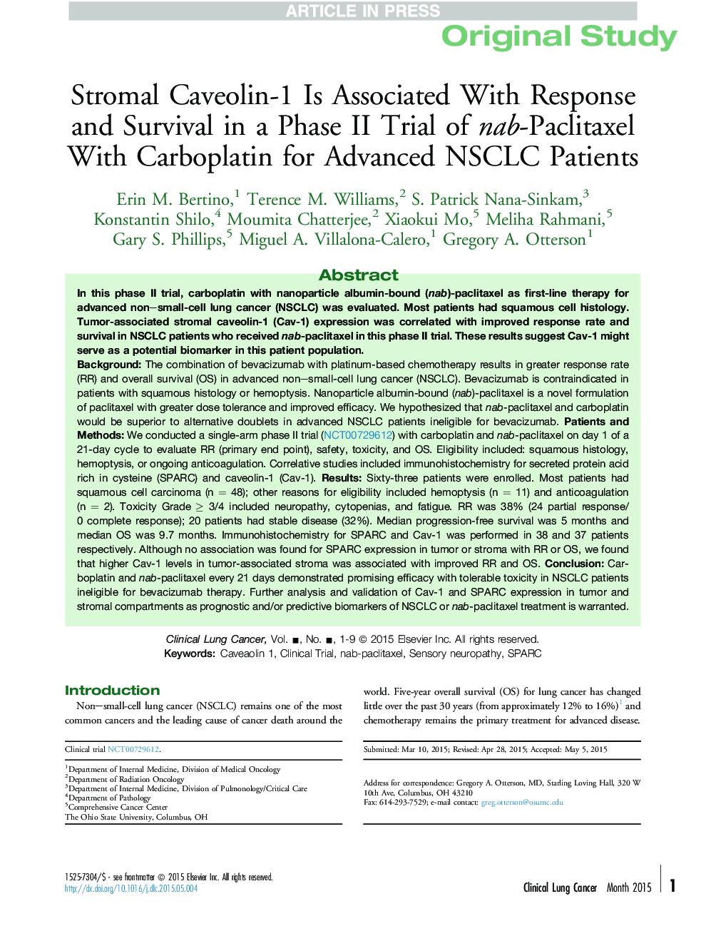 Stromal Caveolin-1 Is Associated With Response and Survival in a Phase II Trial of nab-Paclitaxel With Carboplatin for Advanced NSCLC Patients