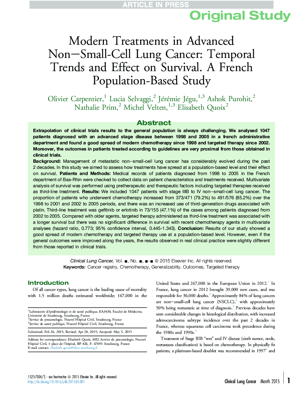 درمان های مدرن در پیشرفته سرطان ریه های غیر سلولی کوچک: روند مدرن و تاثیر بر بقا. یک مطالعه مبتنی بر جمعیت فرانسه 