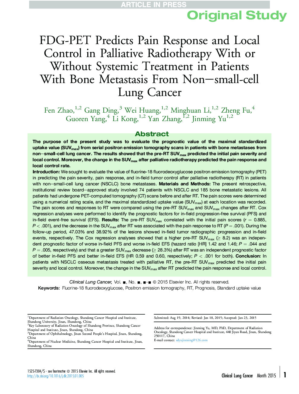 FDG-PET Predicts Pain Response and Local Control in Palliative Radiotherapy With or Without Systemic Treatment in Patients WithÂ Bone Metastasis From Non-small-cell LungÂ Cancer