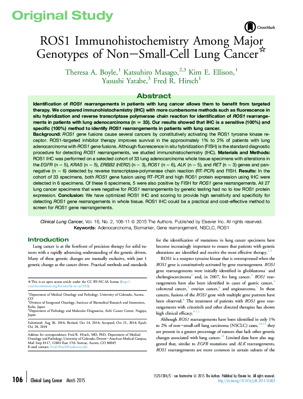 ROS1 Immunohistochemistry Among Major Genotypes of Non-Small-Cell Lung Cancer