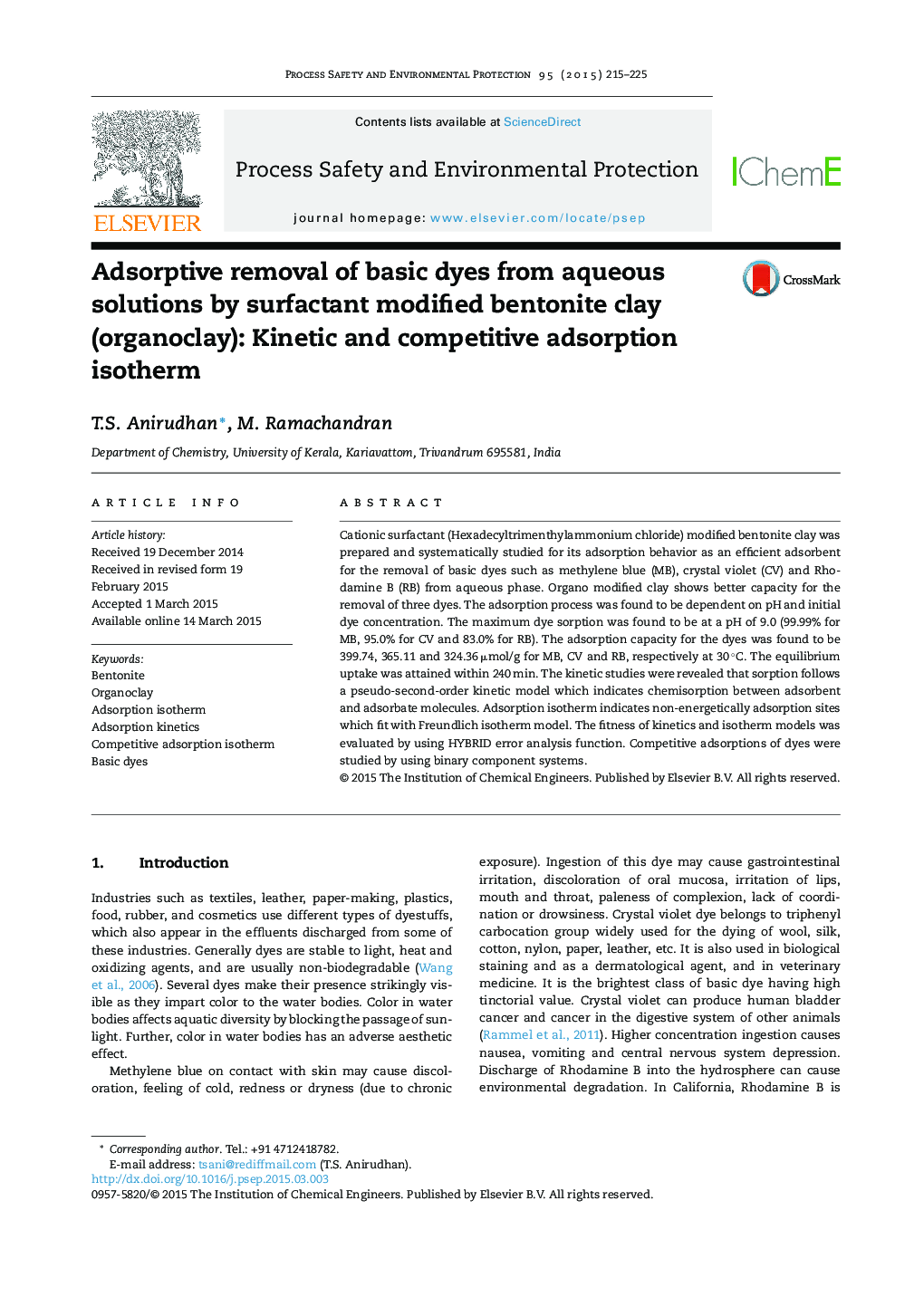 Adsorptive removal of basic dyes from aqueous solutions by surfactant modified bentonite clay (organoclay): Kinetic and competitive adsorption isotherm