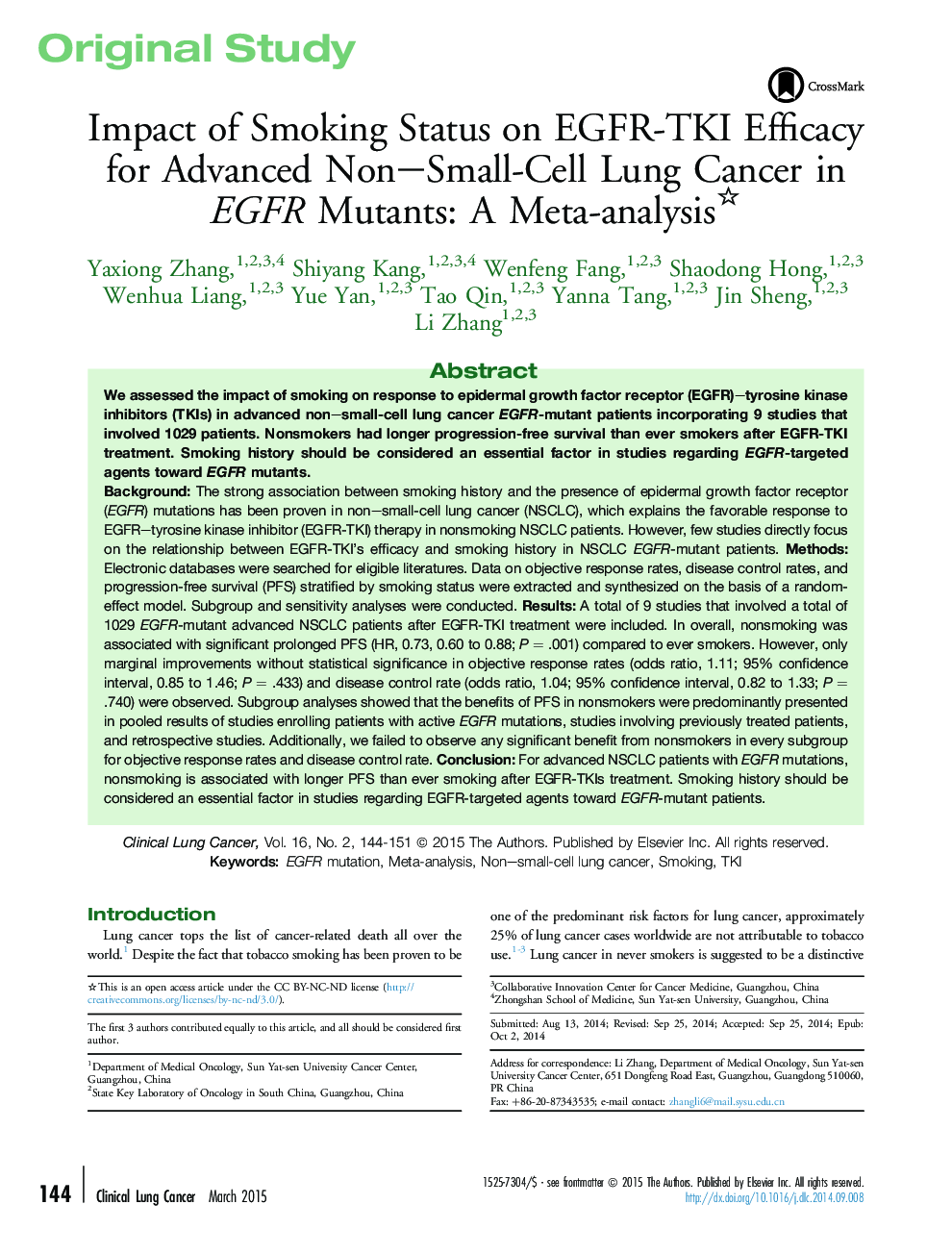 Impact of Smoking Status on EGFR-TKI Efficacy for Advanced Non-Small-Cell Lung Cancer in EGFR Mutants: A Meta-analysis