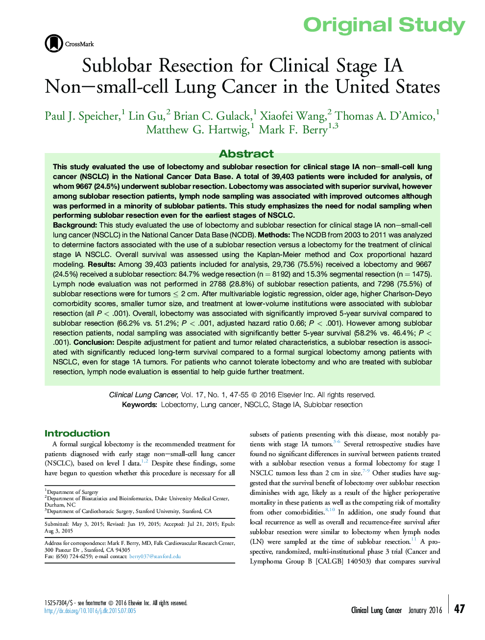 Original StudySublobar Resection for Clinical Stage IA Non-small-cell Lung Cancer in the United States