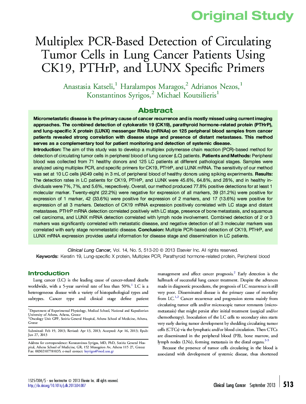 Multiplex PCR-Based Detection of Circulating Tumor Cells in Lung Cancer Patients Using CK19, PTHrP, and LUNX Specific Primers