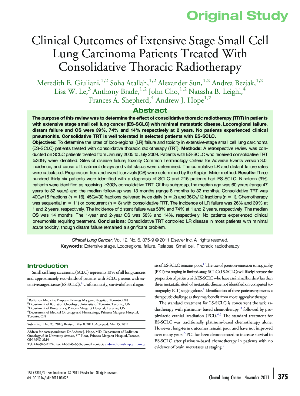 Clinical Outcomes of Extensive Stage Small Cell Lung Carcinoma Patients Treated With Consolidative Thoracic Radiotherapy