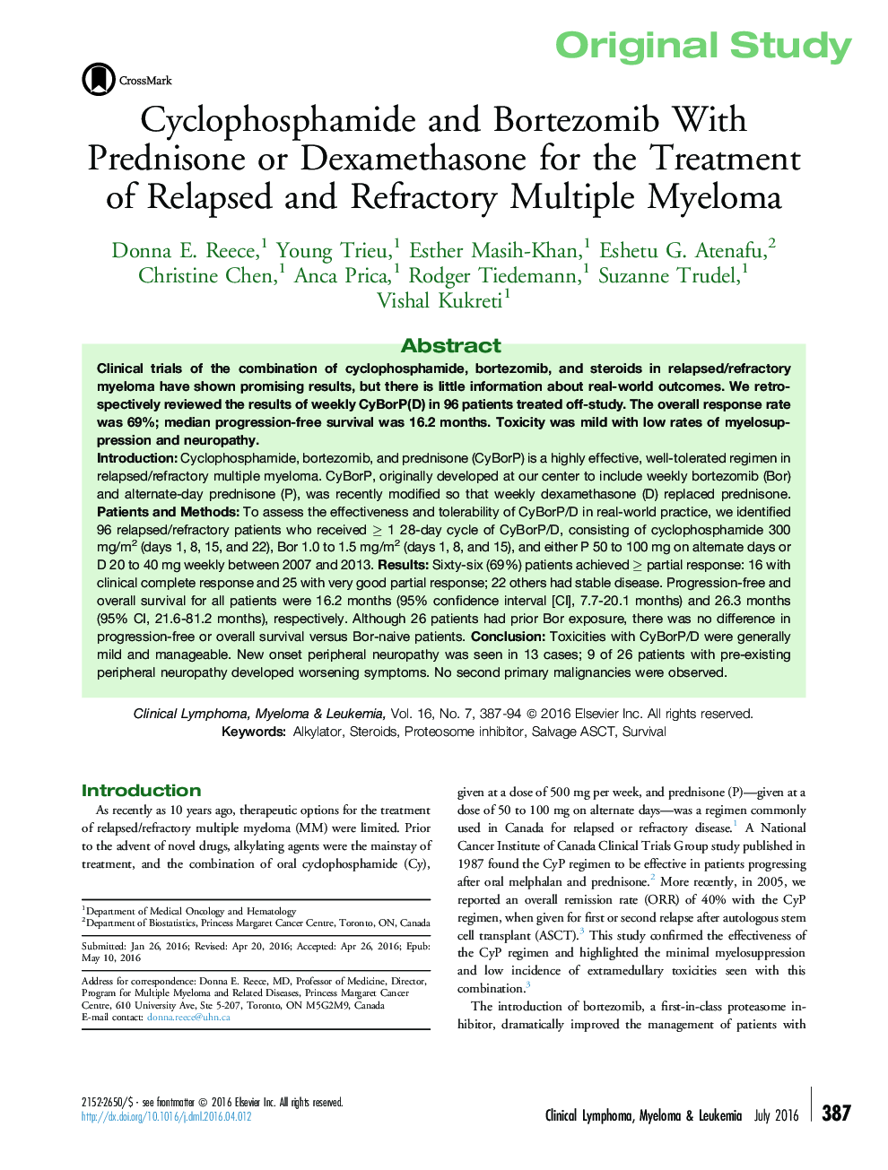 Original StudyCyclophosphamide and Bortezomib With Prednisone or Dexamethasone for the Treatment of Relapsed and Refractory Multiple Myeloma