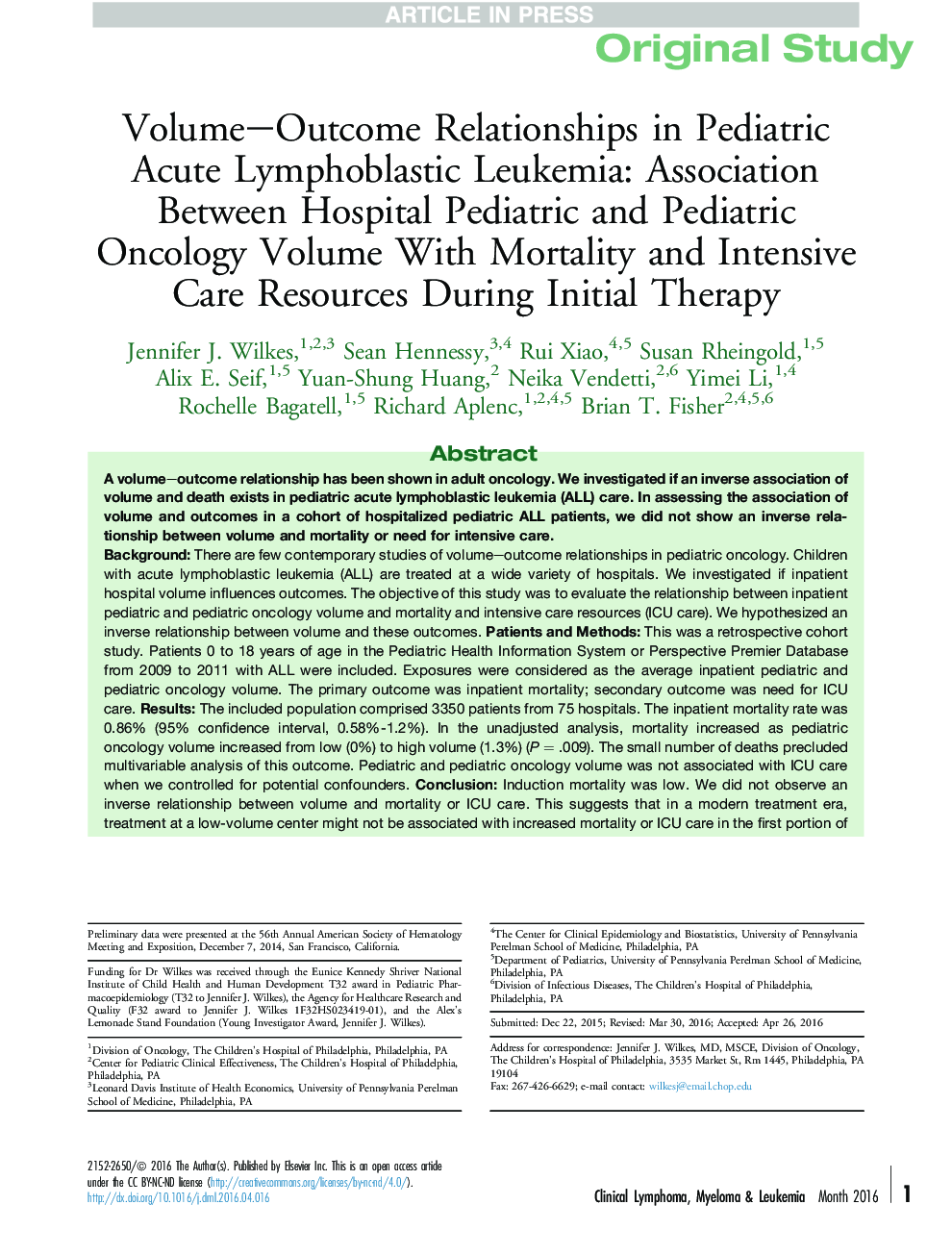 Volume-Outcome Relationships in Pediatric Acute Lymphoblastic Leukemia: Association Between Hospital Pediatric and Pediatric Oncology Volume With Mortality and Intensive Care Resources During Initial Therapy