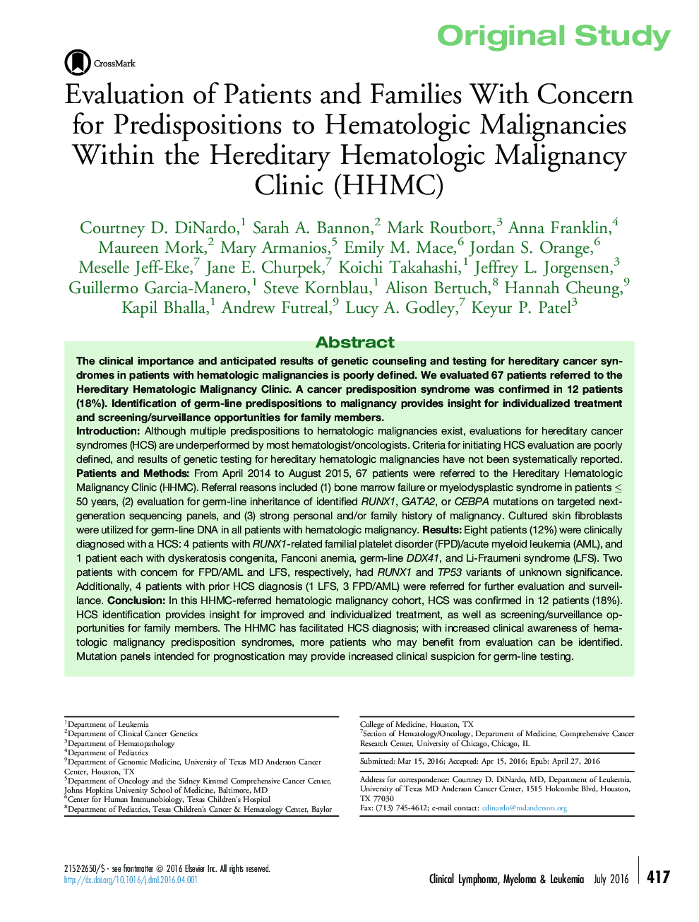 Original StudyEvaluation of Patients and Families With Concern for Predispositions to Hematologic Malignancies Within the Hereditary Hematologic Malignancy Clinic (HHMC)