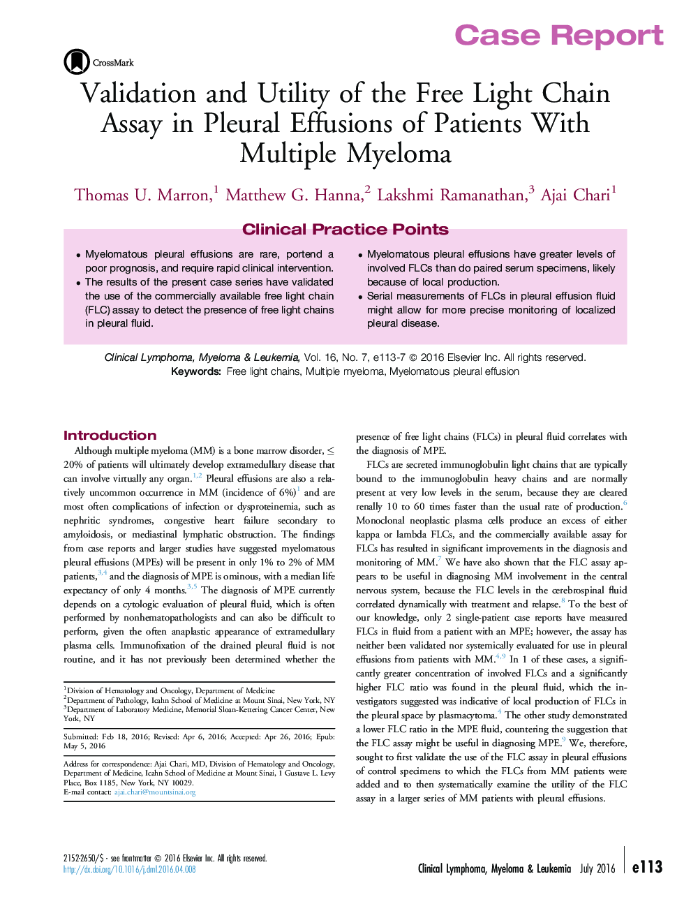 Validation and Utility of the Free Light Chain Assay in Pleural Effusions of Patients With Multiple Myeloma