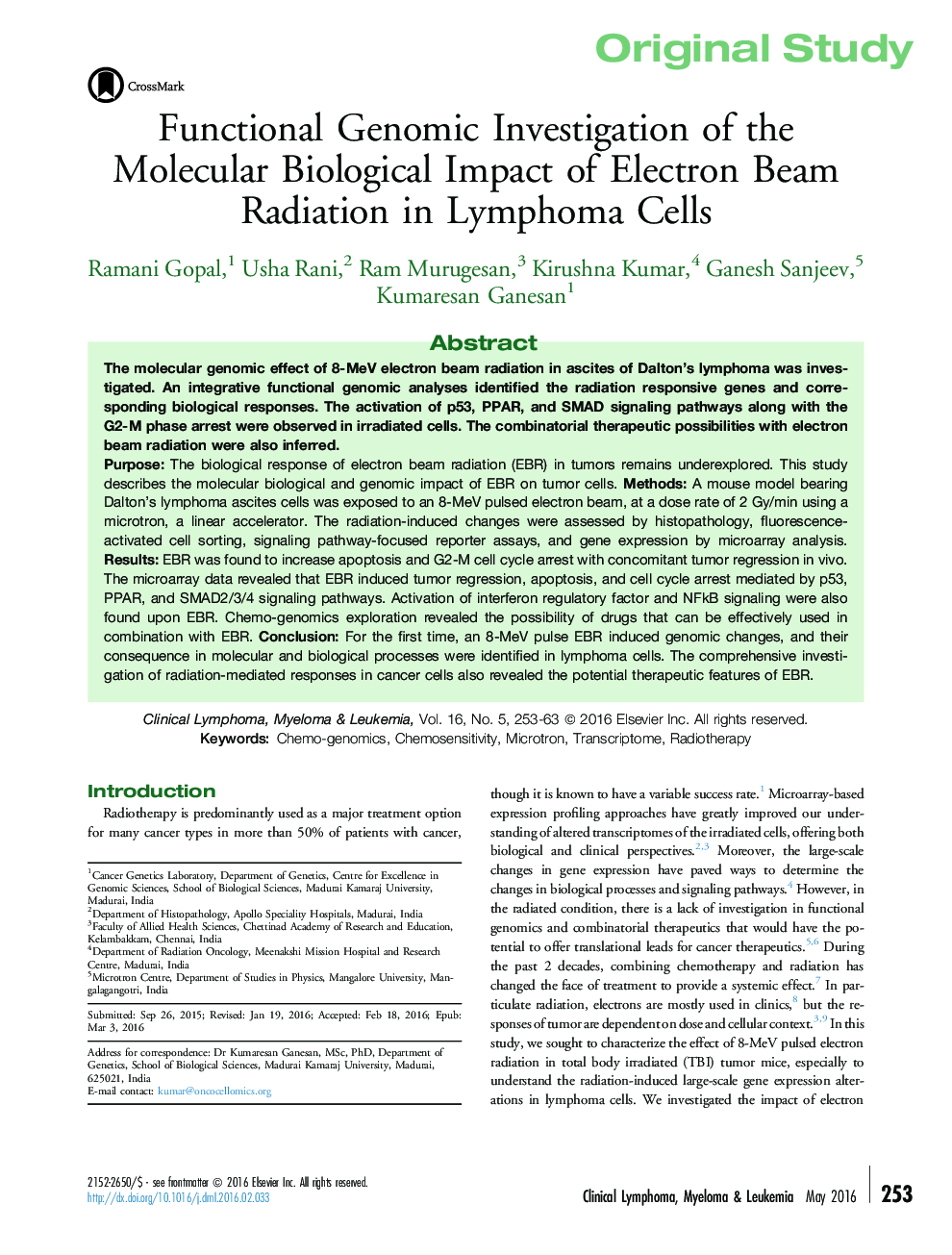 Original StudyFunctional Genomic Investigation of the Molecular Biological Impact of Electron Beam Radiation in Lymphoma Cells