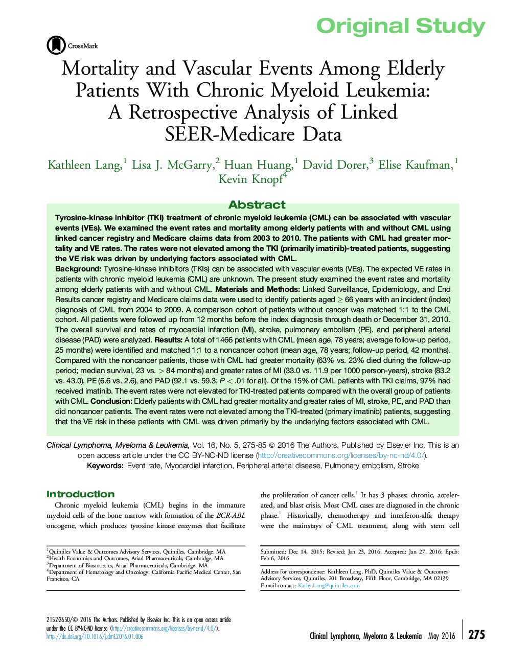 Original StudyMortality and Vascular Events Among Elderly Patients With Chronic Myeloid Leukemia: A Retrospective Analysis of Linked SEER-Medicare Data