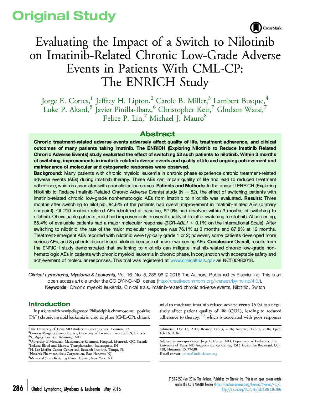 Evaluating the Impact of a Switch to Nilotinib on Imatinib-Related Chronic Low-Grade Adverse Events in Patients With CML-CP: The ENRICH Study