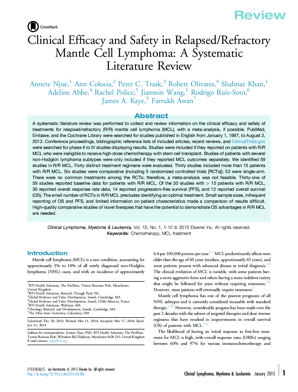 ReviewClinical Efficacy and Safety in Relapsed/Refractory Mantle Cell Lymphoma: A Systematic Literature Review