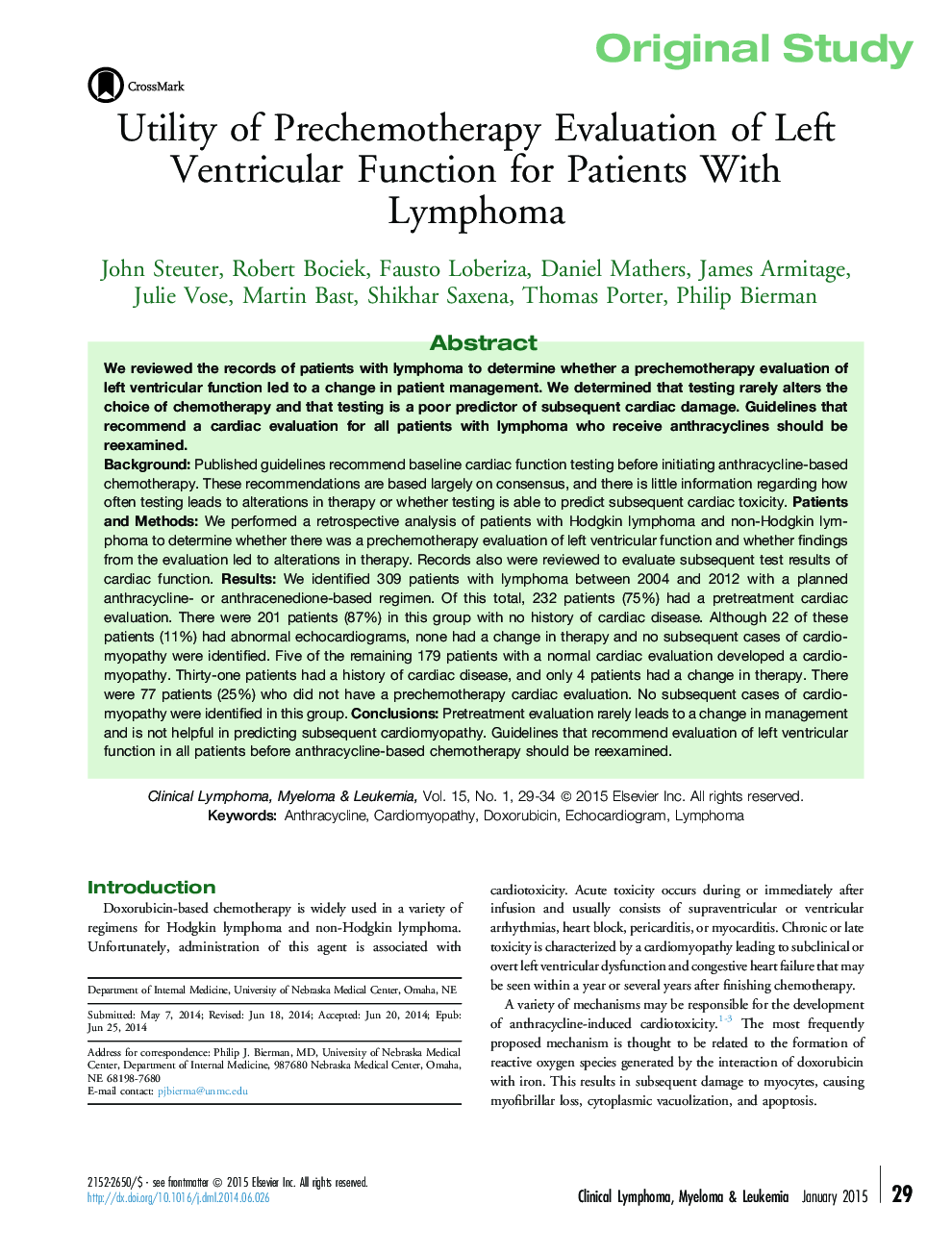 Utility of Prechemotherapy Evaluation of Left Ventricular Function for Patients With Lymphoma