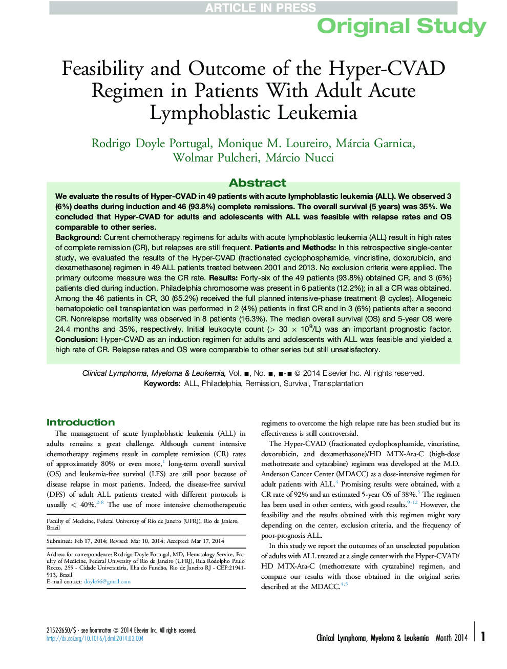 Feasibility and Outcome of the Hyper-CVAD Regimen in Patients With Adult Acute Lymphoblastic Leukemia