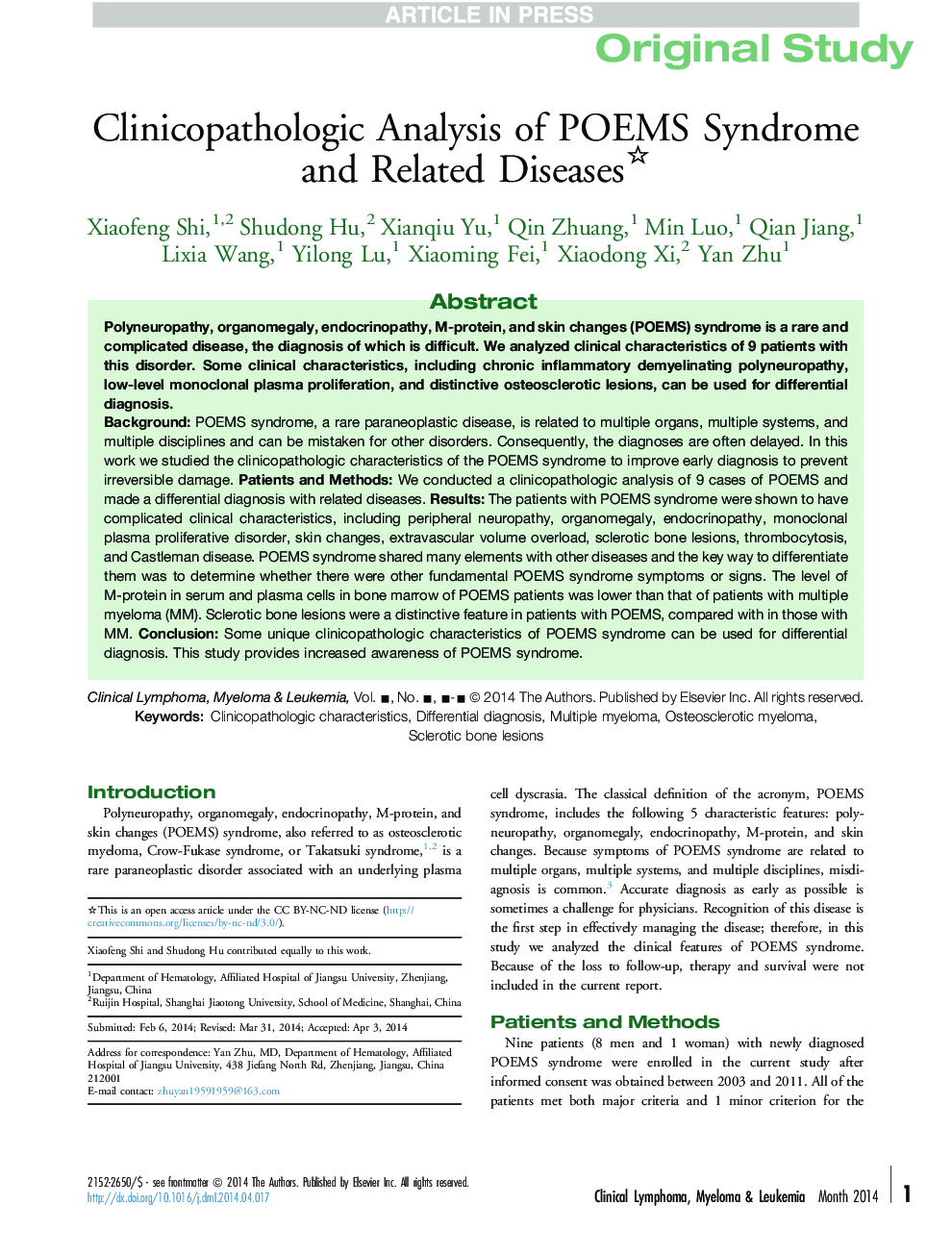 Clinicopathologic Analysis of POEMS Syndrome and Related Diseases