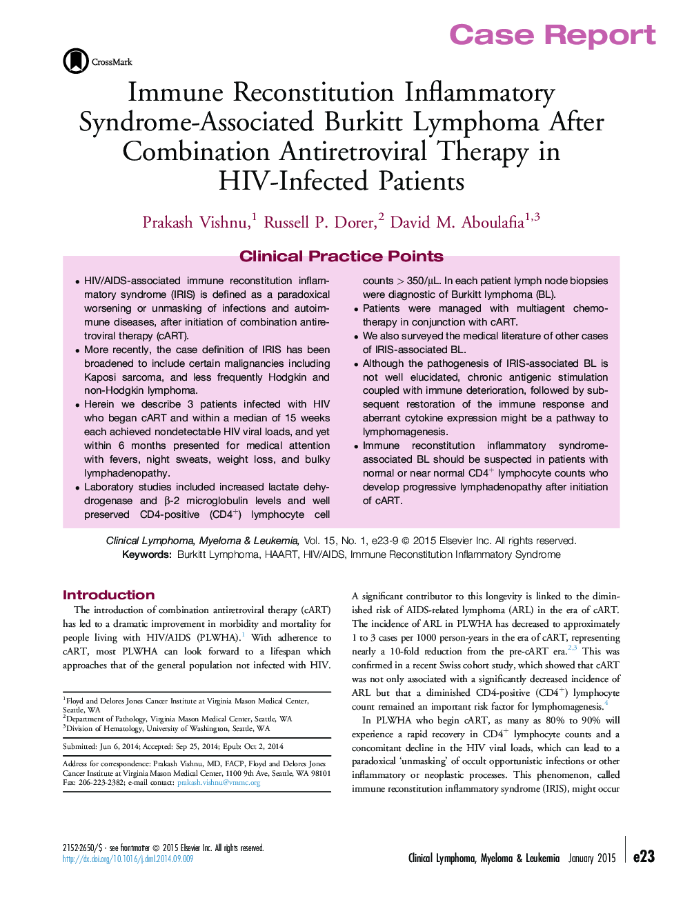 Immune Reconstitution Inflammatory Syndrome-Associated Burkitt Lymphoma After Combination Antiretroviral Therapy in HIV-Infected Patients