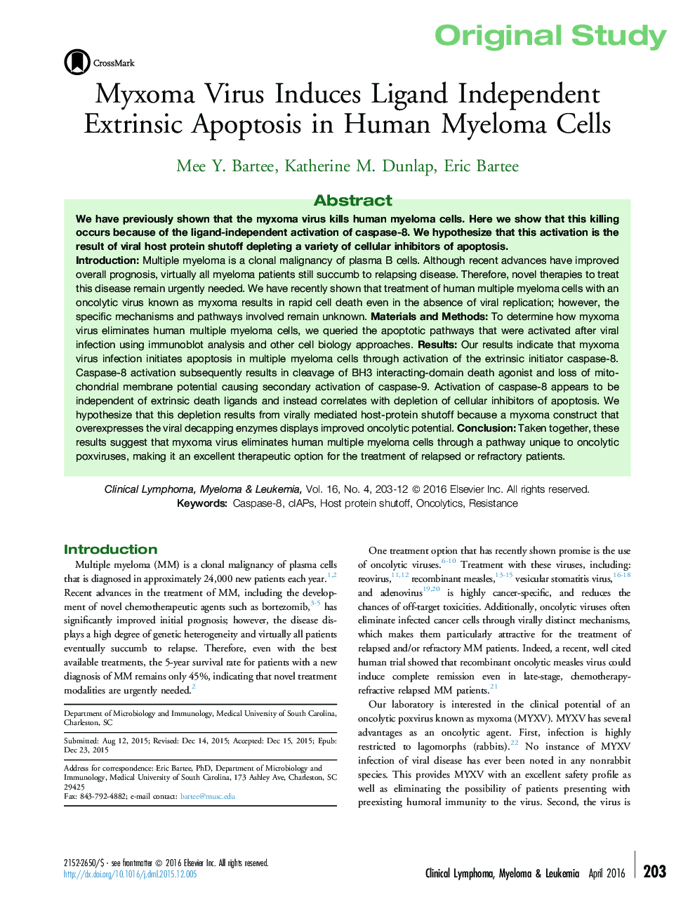 Original StudyMyxoma Virus Induces Ligand Independent Extrinsic Apoptosis in Human Myeloma Cells