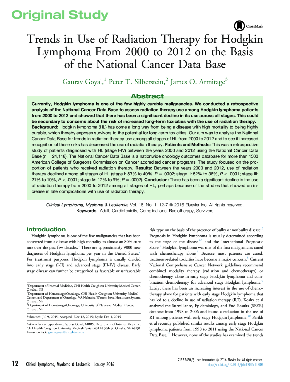 Trends in Use of Radiation Therapy for Hodgkin Lymphoma From 2000 to 2012 on the Basis of the National Cancer Data Base