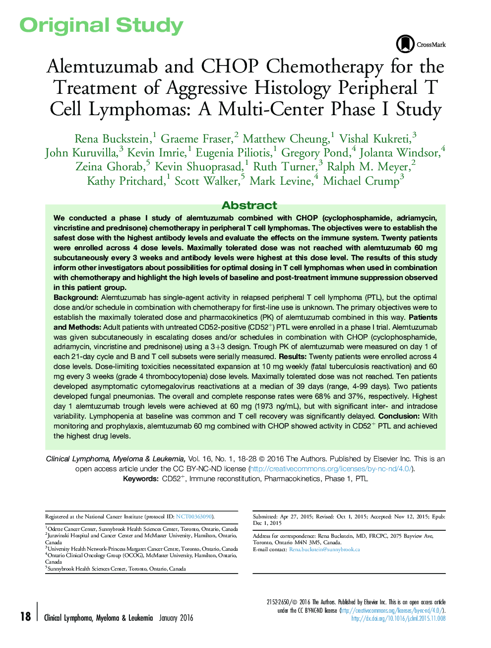 Alemtuzumab and CHOP Chemotherapy for the Treatment of Aggressive Histology Peripheral T Cell Lymphomas: A Multi-Center Phase I Study
