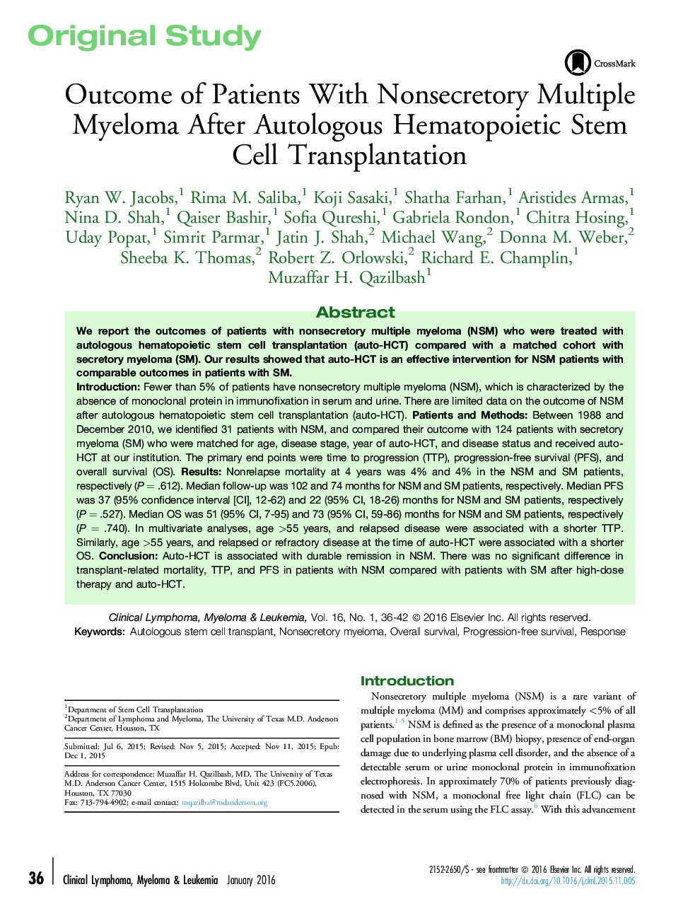 Outcome of Patients With Nonsecretory Multiple Myeloma After Autologous Hematopoietic Stem Cell Transplantation