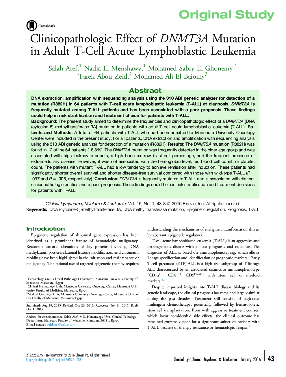 Clinicopathologic Effect of DNMT3A Mutation in Adult T-Cell Acute Lymphoblastic Leukemia