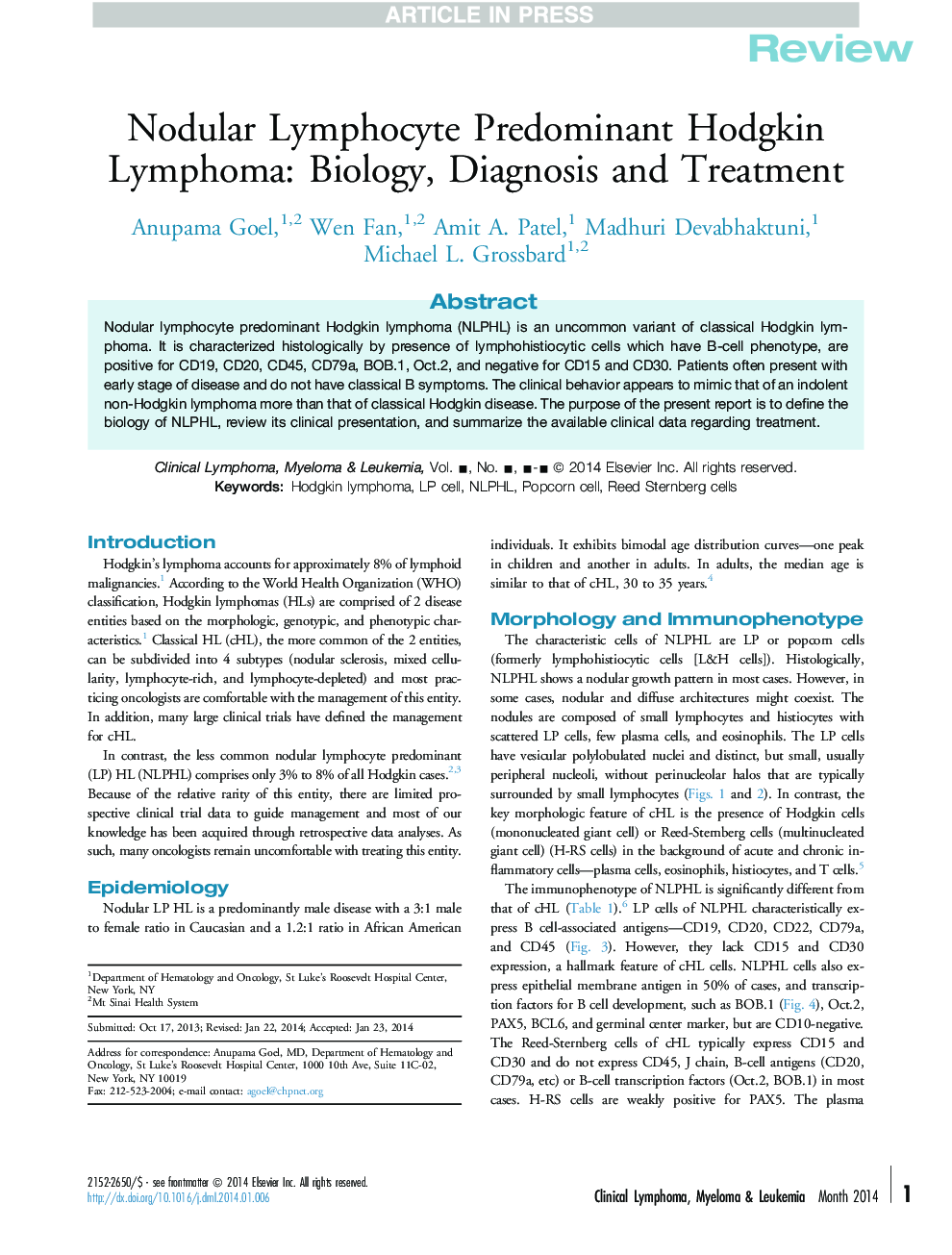 Nodular Lymphocyte Predominant Hodgkin Lymphoma: Biology, Diagnosis and Treatment