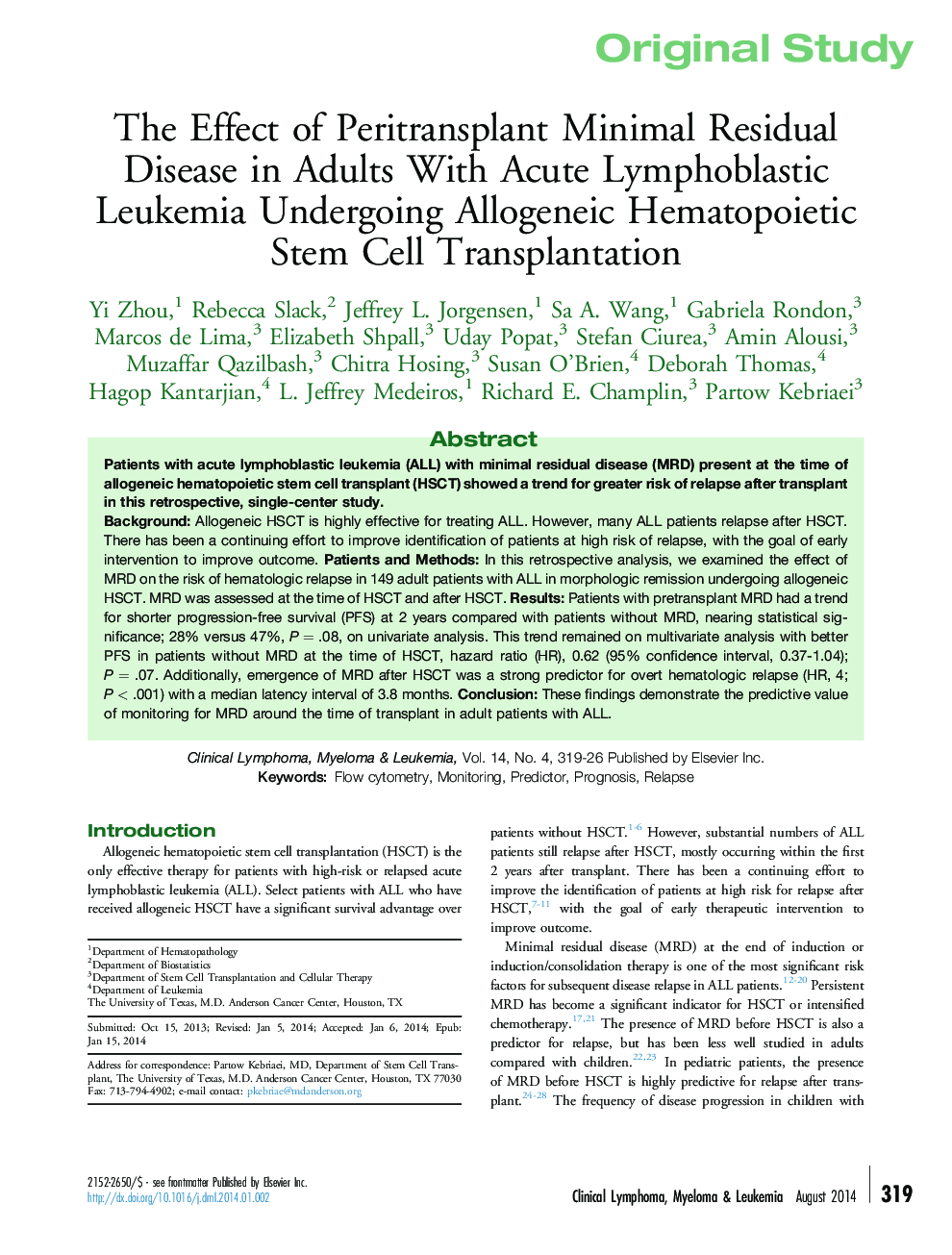 Original StudyThe Effect of Peritransplant Minimal Residual Disease in Adults With Acute Lymphoblastic Leukemia Undergoing Allogeneic Hematopoietic Stem Cell Transplantation