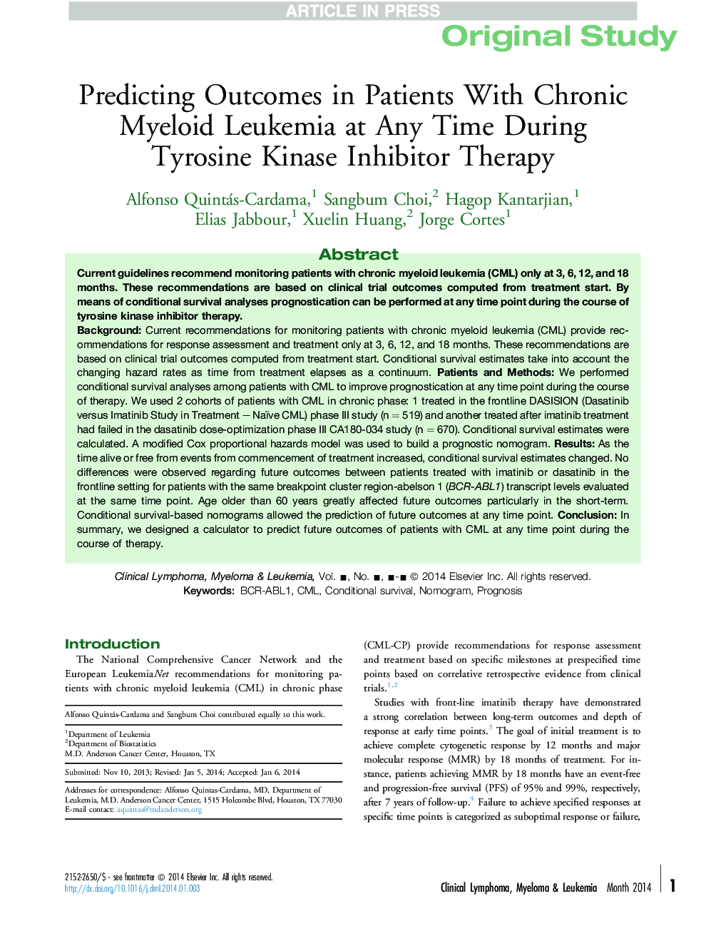 Predicting Outcomes in Patients With Chronic Myeloid Leukemia at Any Time During Tyrosine Kinase Inhibitor Therapy