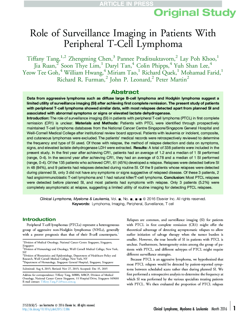 Role of Surveillance Imaging in Patients With Peripheral T-Cell Lymphoma