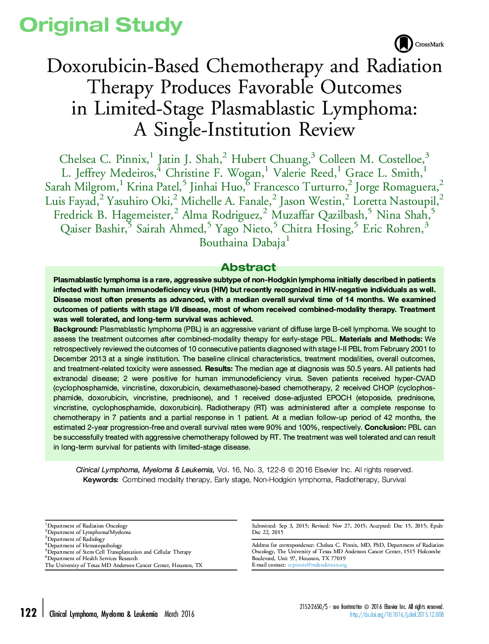 Doxorubicin-Based Chemotherapy and Radiation Therapy Produces Favorable Outcomes in Limited-Stage Plasmablastic Lymphoma: A Single-Institution Review