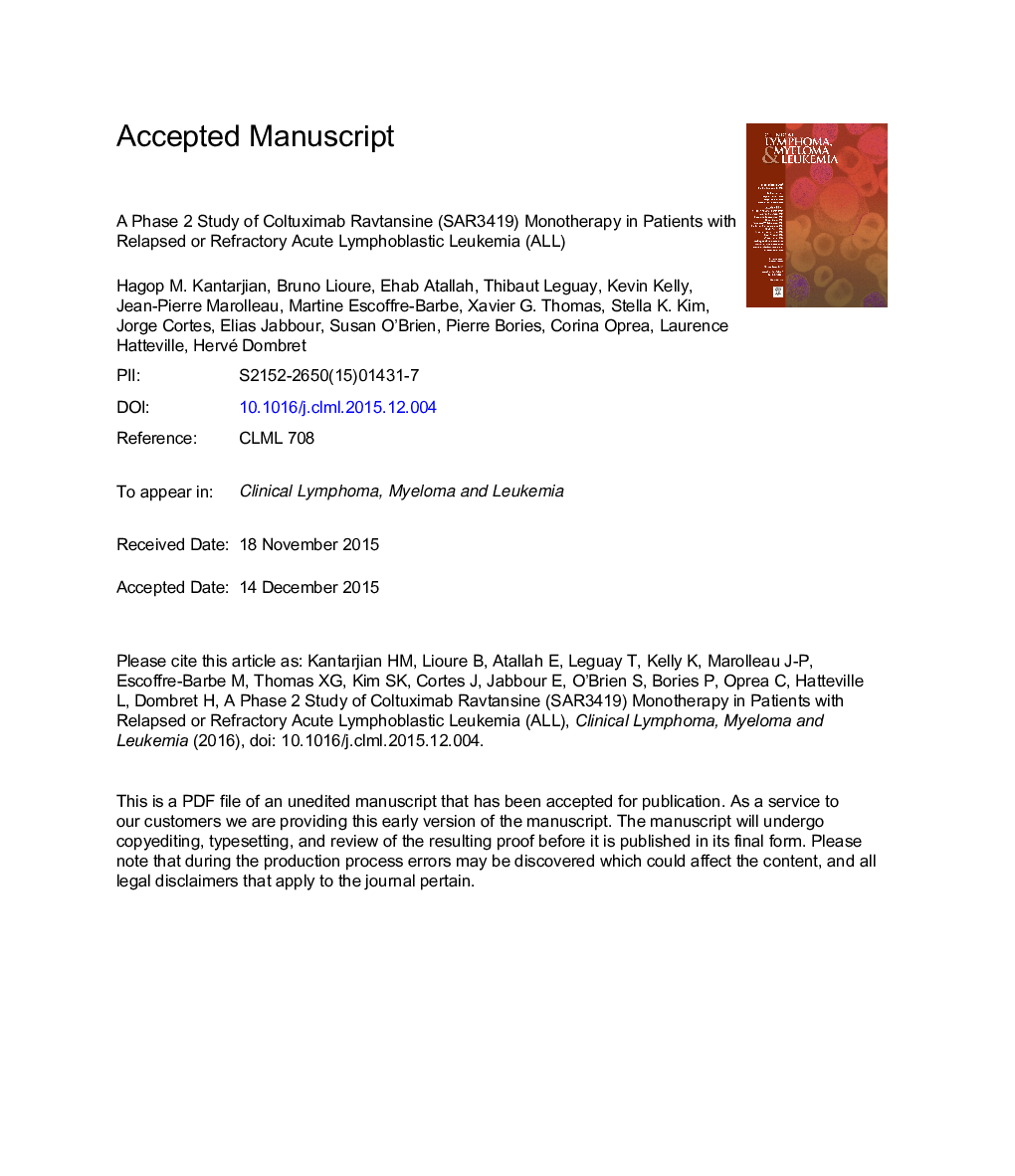 A Phase II Study of Coltuximab Ravtansine (SAR3419) Monotherapy in Patients With Relapsed or Refractory Acute Lymphoblastic Leukemia