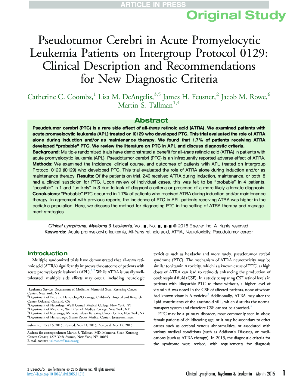 Pseudotumor Cerebri in Acute Promyelocytic Leukemia Patients on Intergroup Protocol 0129: Clinical Description and Recommendations forÂ New Diagnostic Criteria