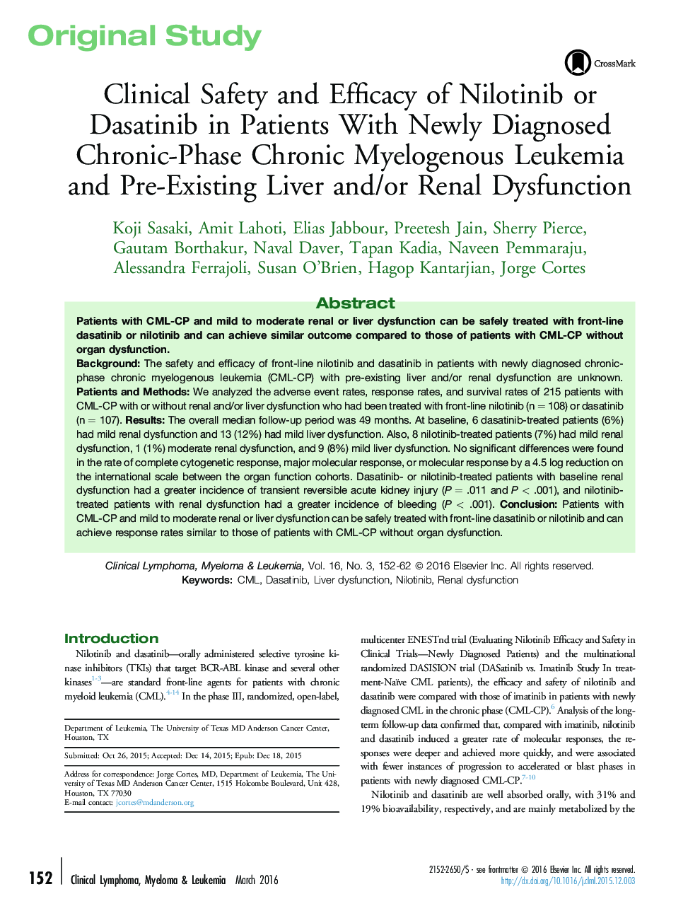 Clinical Safety and Efficacy of Nilotinib or Dasatinib in Patients With Newly Diagnosed Chronic-Phase Chronic Myelogenous Leukemia and Pre-Existing Liver and/or Renal Dysfunction