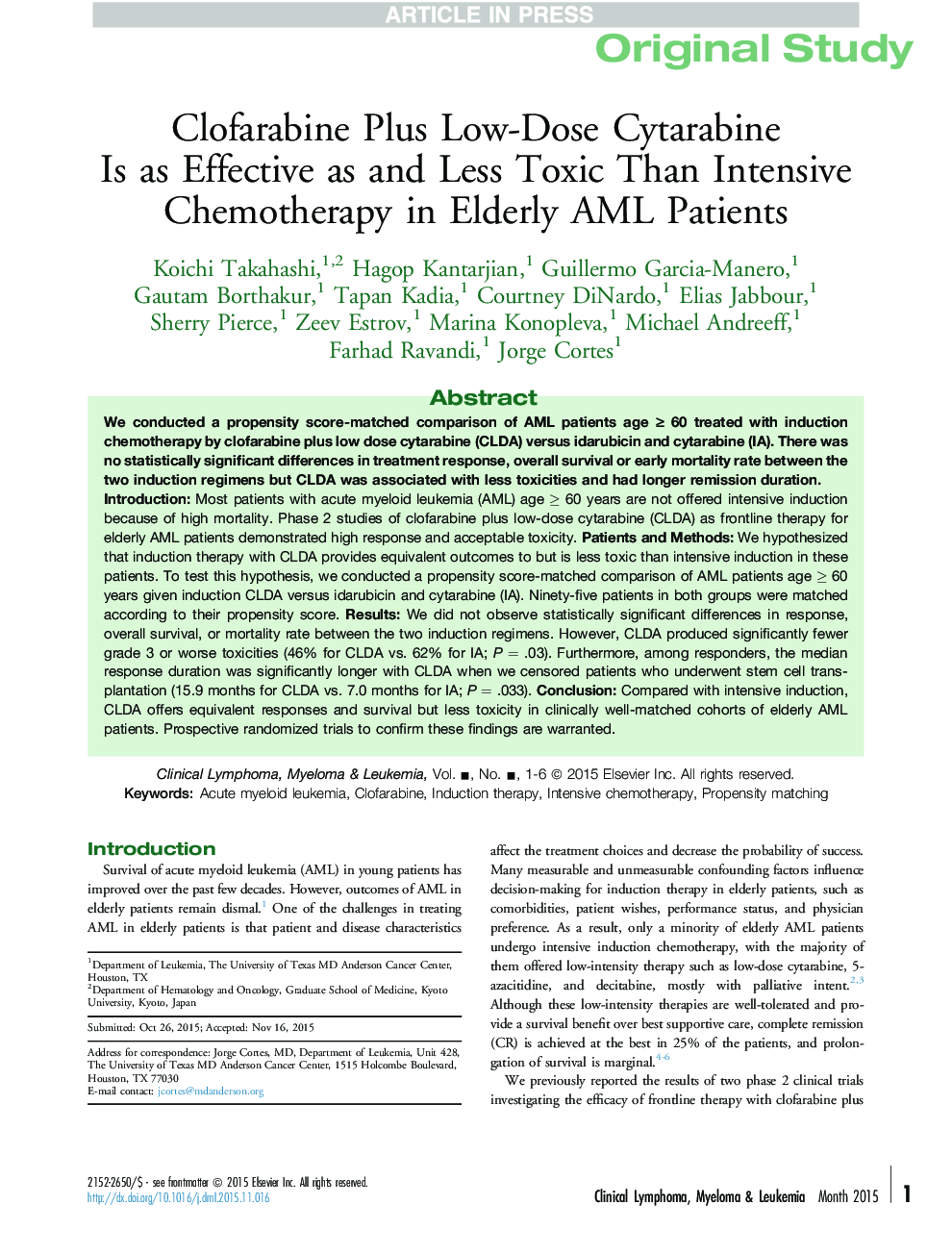 Clofarabine Plus Low-Dose Cytarabine Is as Effective as and Less Toxic Than Intensive Chemotherapy in Elderly AML Patients