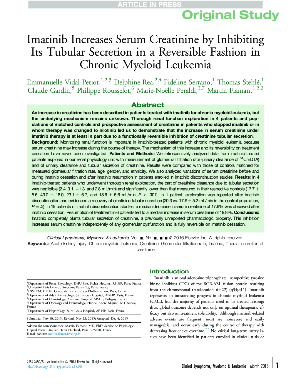 Imatinib Increases Serum Creatinine by Inhibiting Its Tubular Secretion in a Reversible Fashion in Chronic Myeloid Leukemia