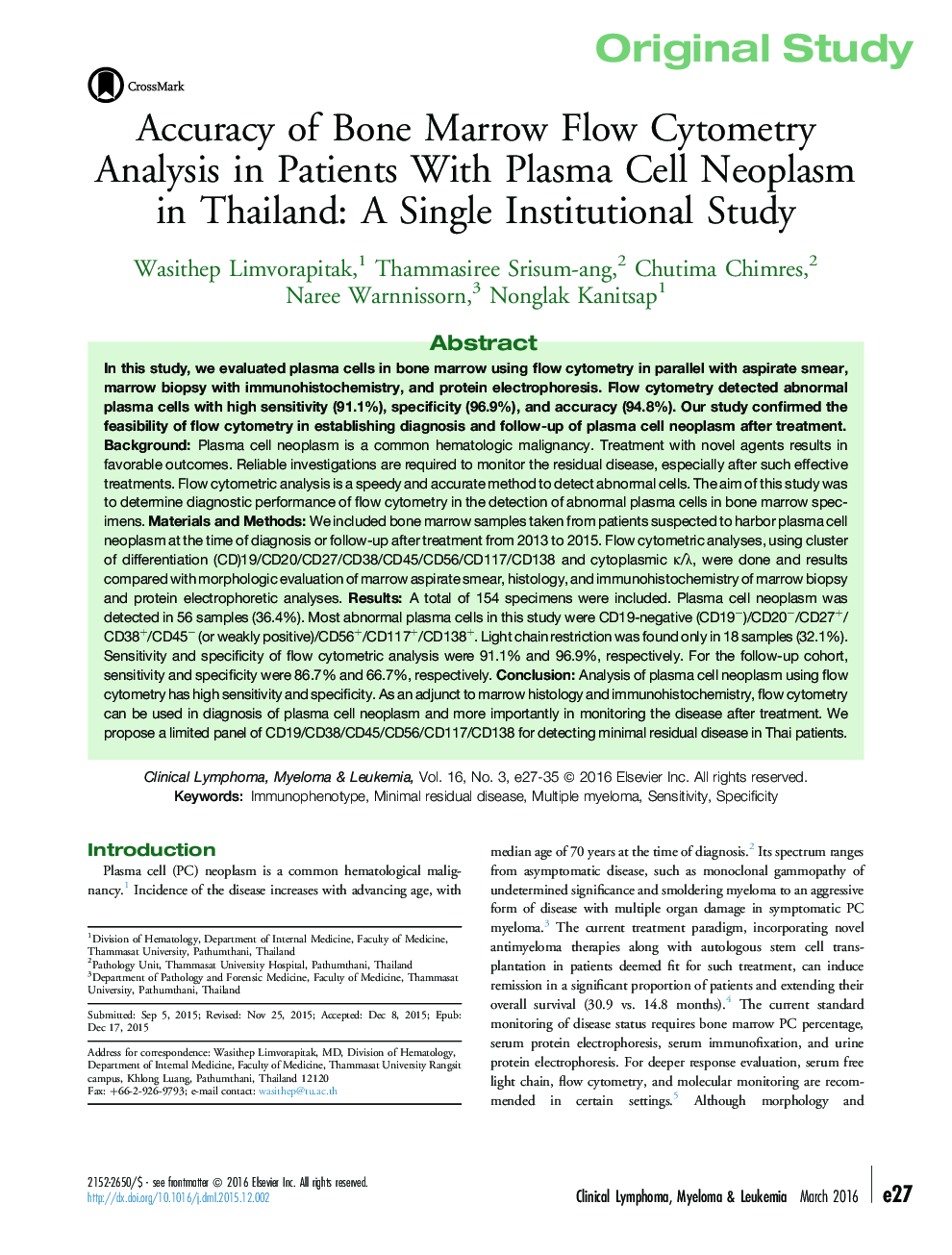 Accuracy of Bone Marrow Flow Cytometry Analysis in Patients With Plasma Cell Neoplasm in Thailand: A Single Institutional Study