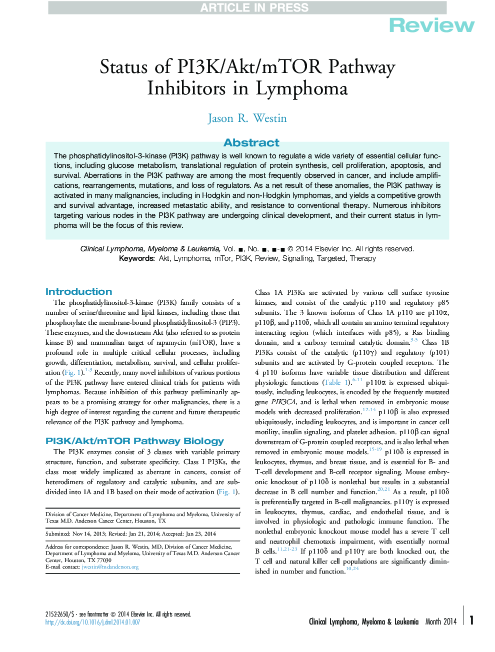 Status of PI3K/Akt/mTOR Pathway Inhibitors in Lymphoma