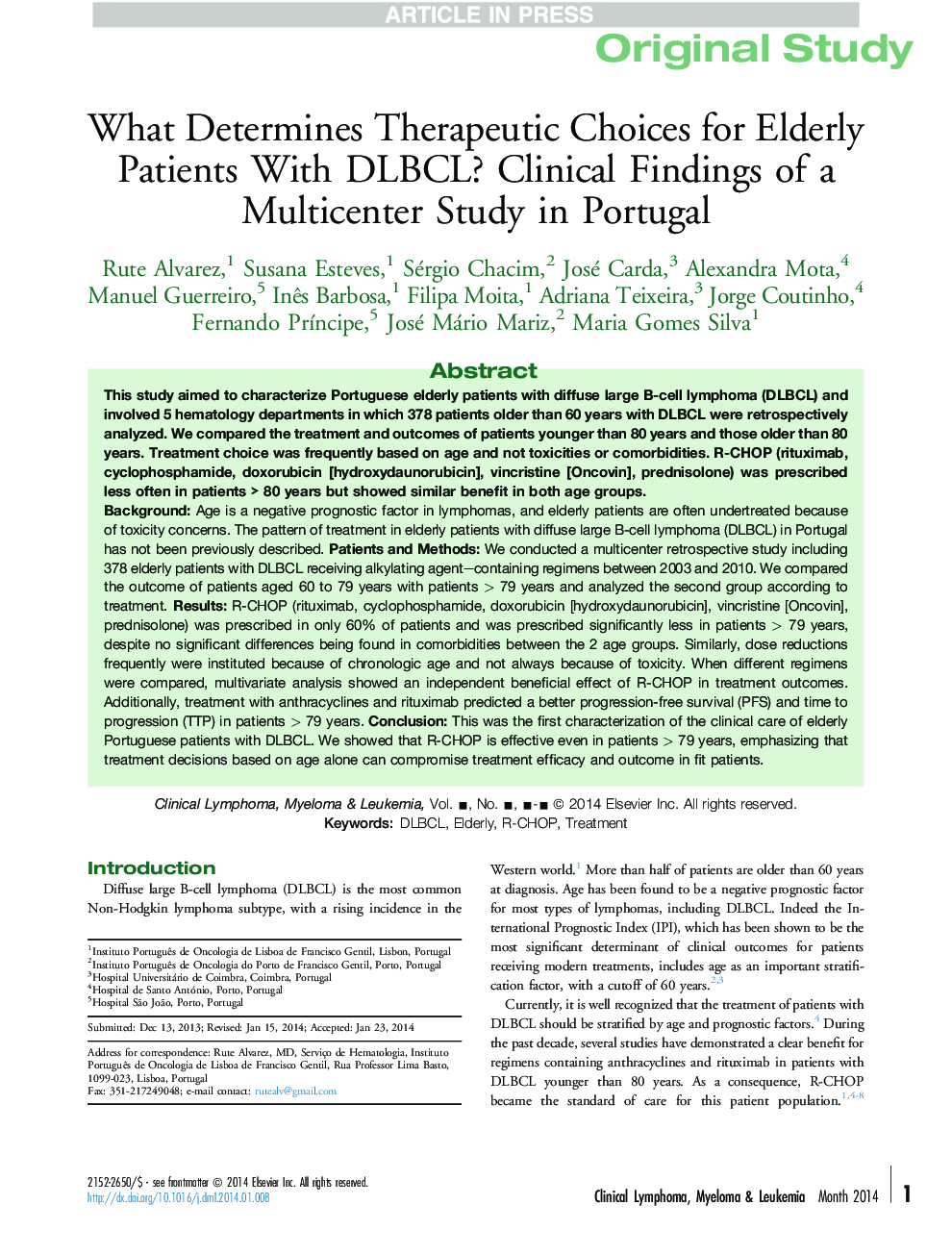 What Determines Therapeutic Choices for Elderly Patients With DLBCL? Clinical Findings of a Multicenter Study in Portugal