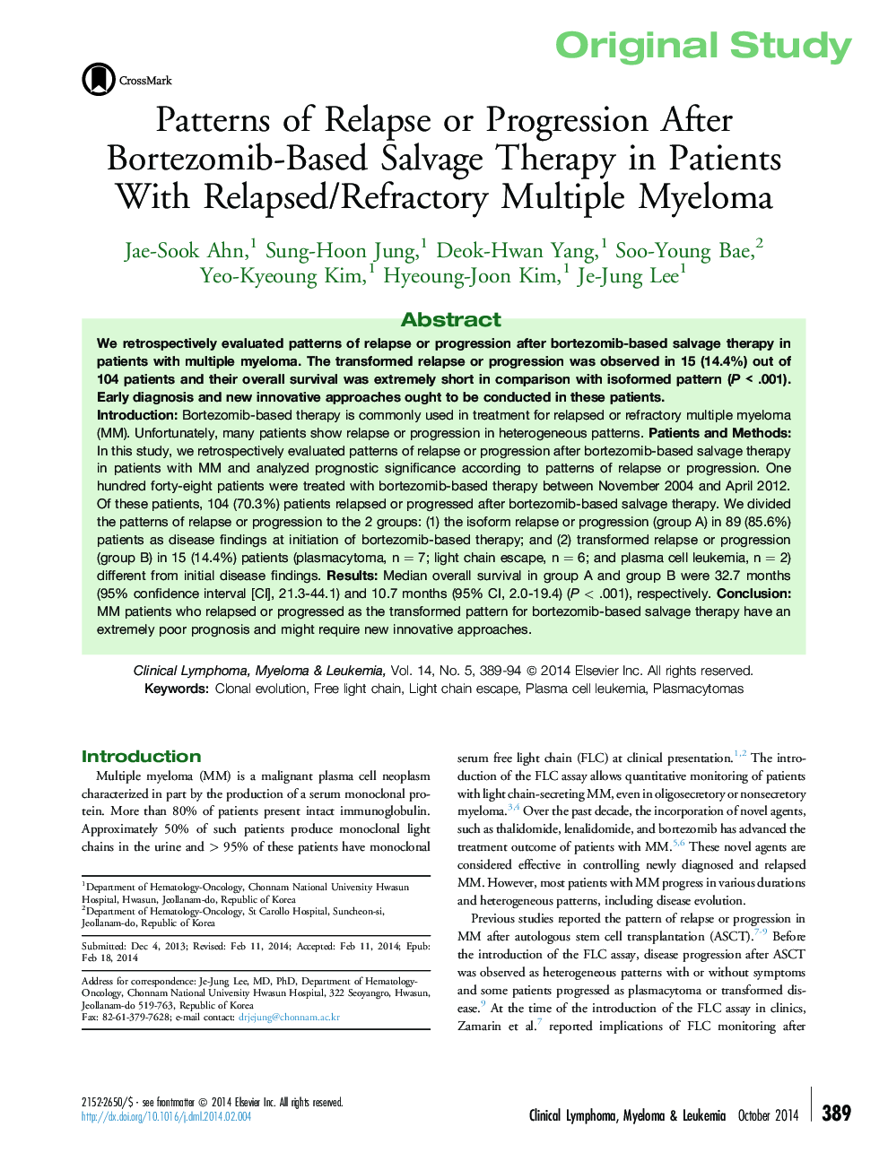 Original StudyPatterns of Relapse or Progression After Bortezomib-Based Salvage Therapy in Patients With Relapsed/Refractory Multiple Myeloma