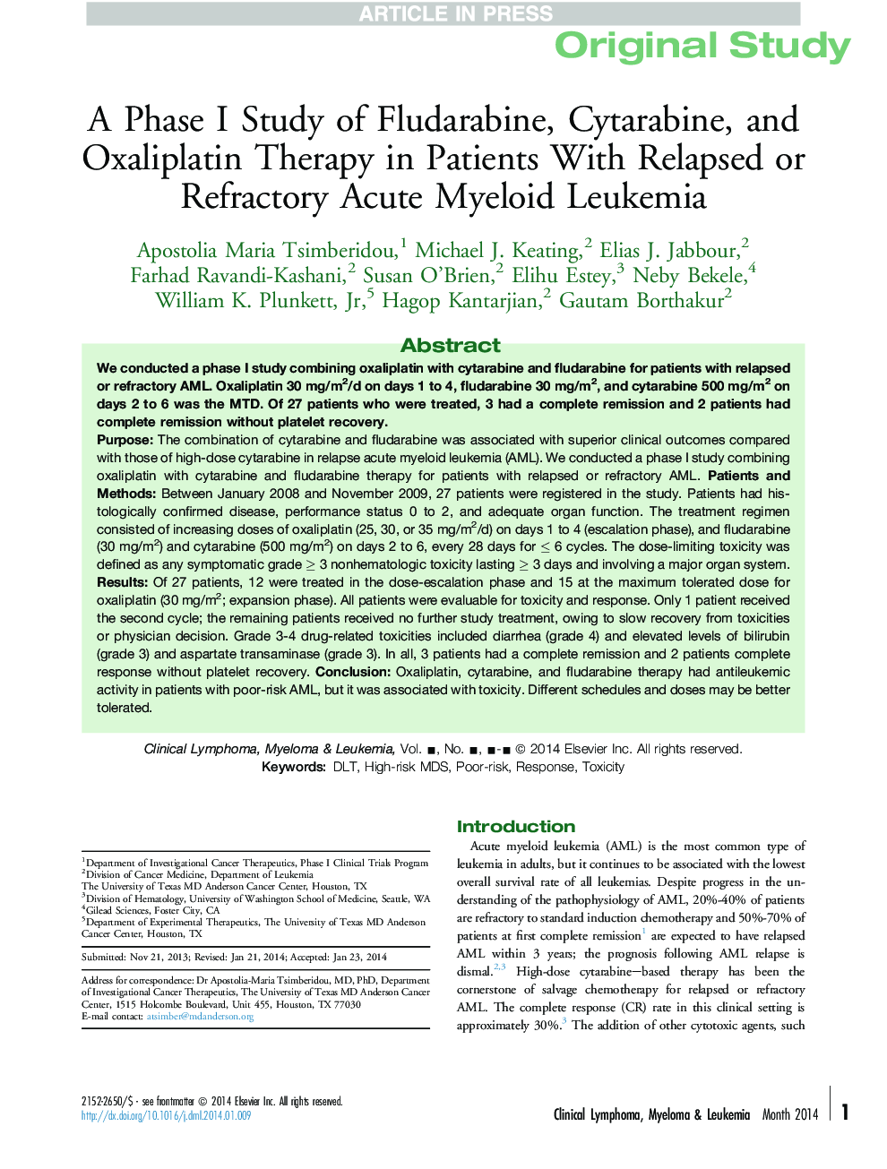 A Phase I Study of Fludarabine, Cytarabine, and Oxaliplatin Therapy in Patients With Relapsed or Refractory Acute Myeloid Leukemia