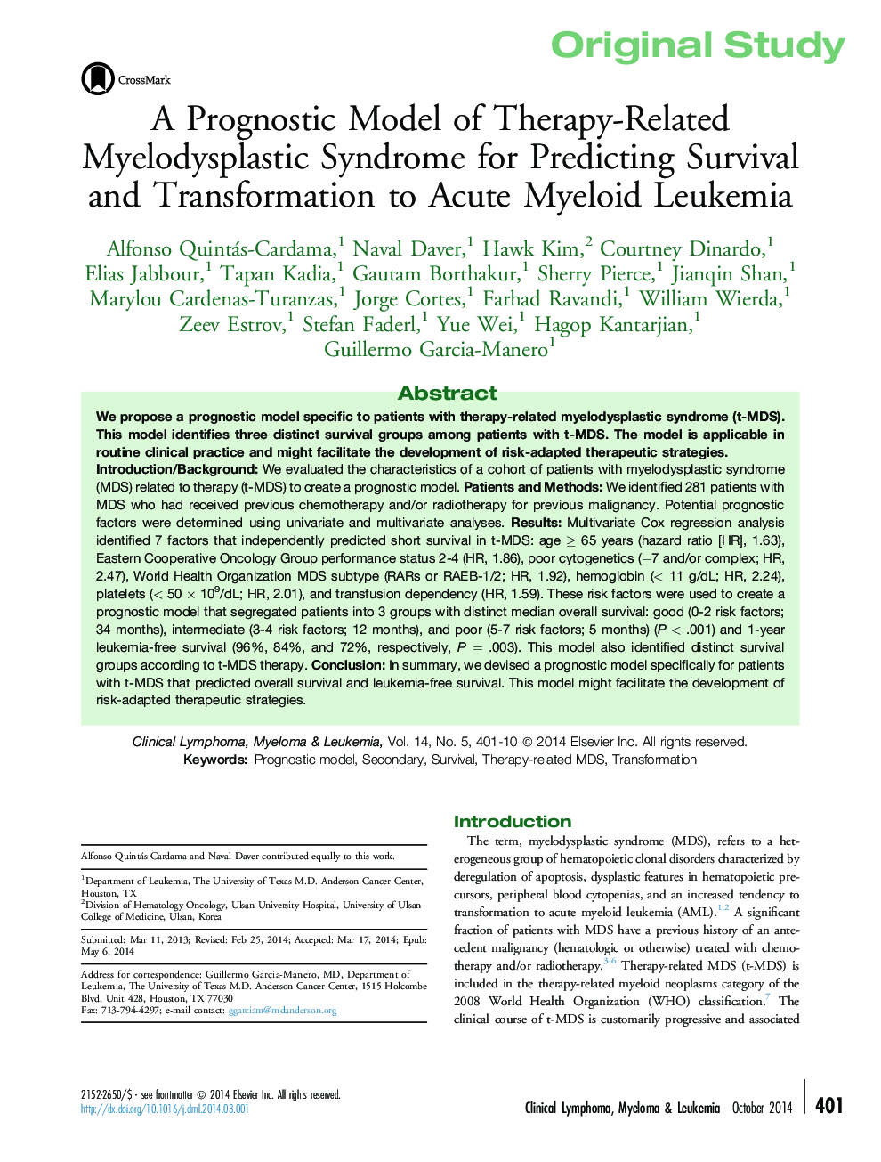 Original StudyA Prognostic Model of Therapy-Related Myelodysplastic Syndrome for Predicting Survival and Transformation to Acute Myeloid Leukemia