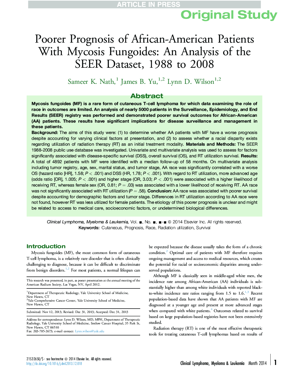 Poorer Prognosis of African-American Patients With Mycosis Fungoides: An Analysis of the SEER Dataset, 1988 to 2008