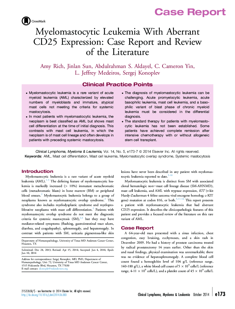 Myelomastocytic Leukemia With Aberrant CD25 Expression: Case Report and Review of the Literature