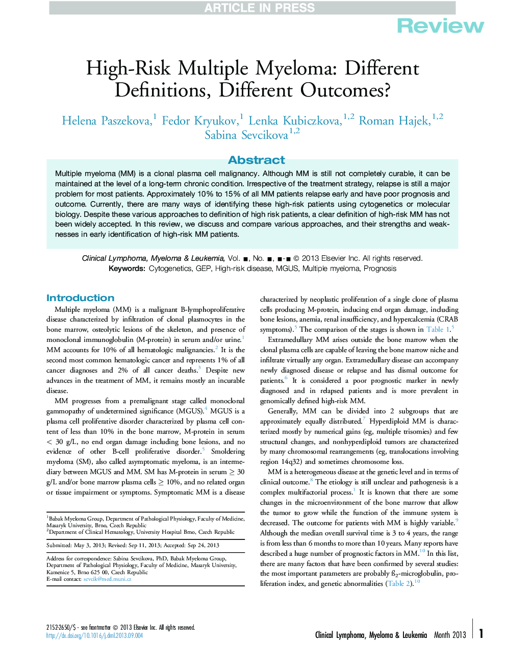 High-Risk Multiple Myeloma: Different Definitions, Different Outcomes?