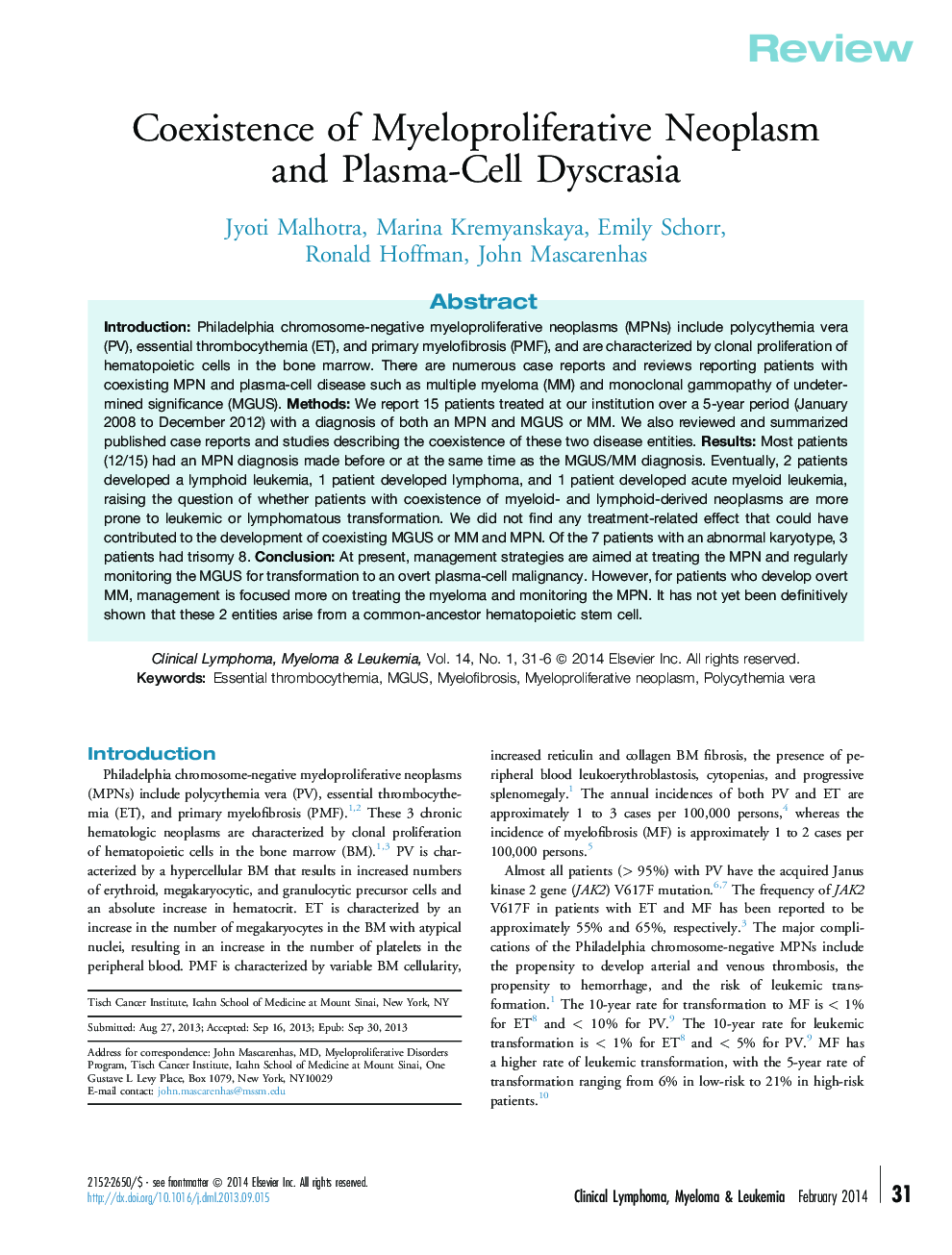 Coexistence of Myeloproliferative Neoplasm and Plasma-Cell Dyscrasia
