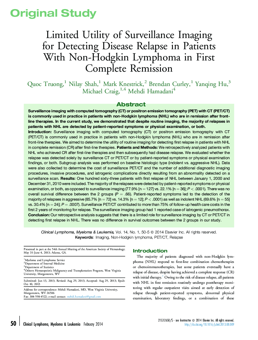 Limited Utility of Surveillance Imaging for Detecting Disease Relapse in Patients With Non-Hodgkin Lymphoma in First Complete Remission